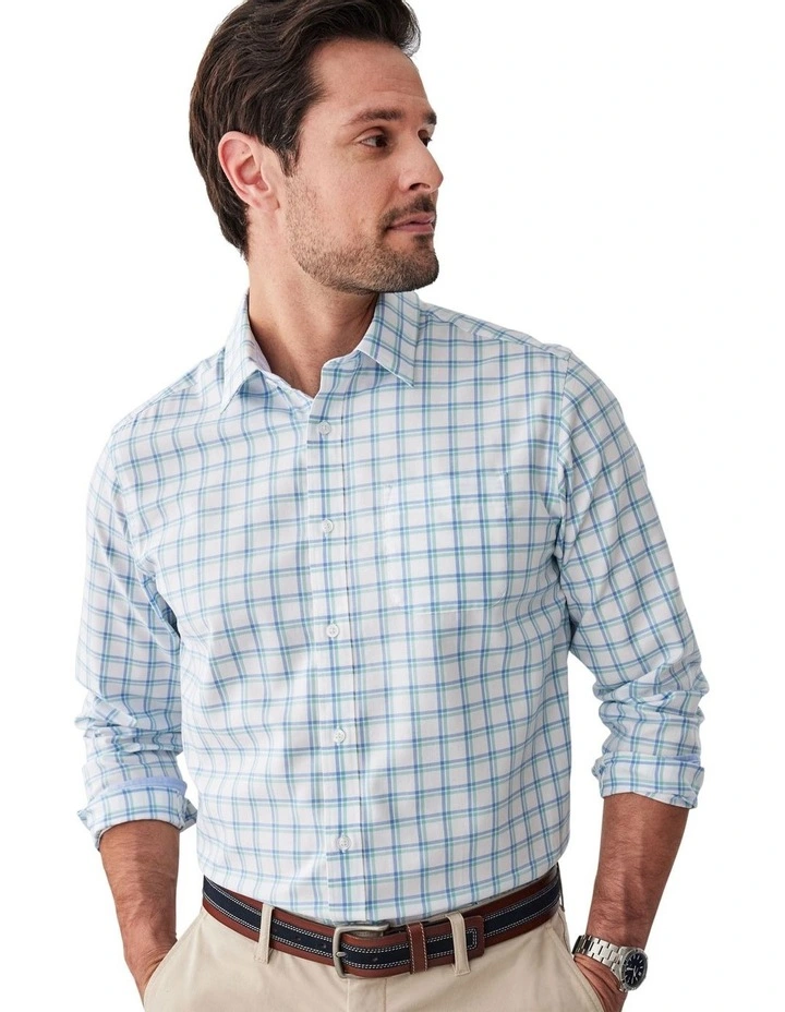 Easy Care Twill Check Long Sleeve Shirt in White image 3
