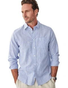 Linen Blend Bengal Stripe Long Sleeve Shirt in Blue