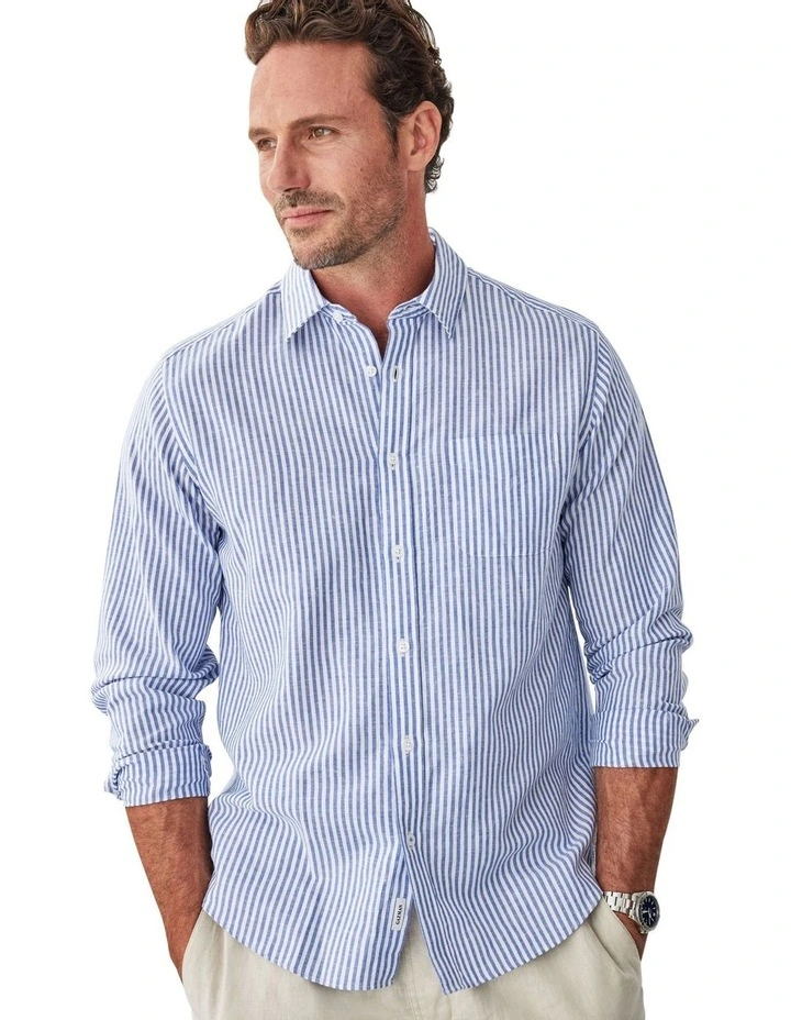 Linen Blend Bengal Stripe Long Sleeve Shirt in Blue image 1