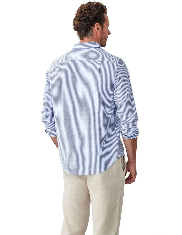 Linen Blend Bengal Stripe Long Sleeve Shirt in Blue image 2