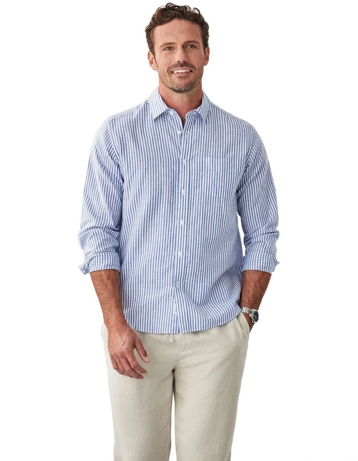 Linen Blend Bengal Stripe Long Sleeve Shirt in Blue image 3