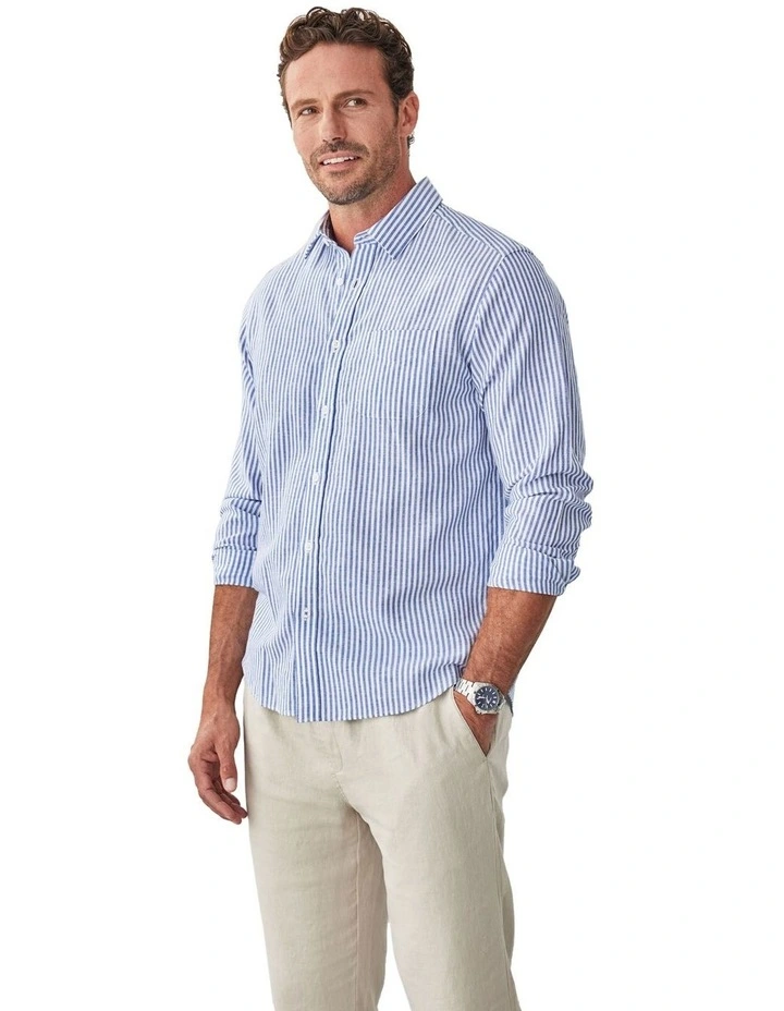 Linen Blend Bengal Stripe Long Sleeve Shirt in Blue image 4