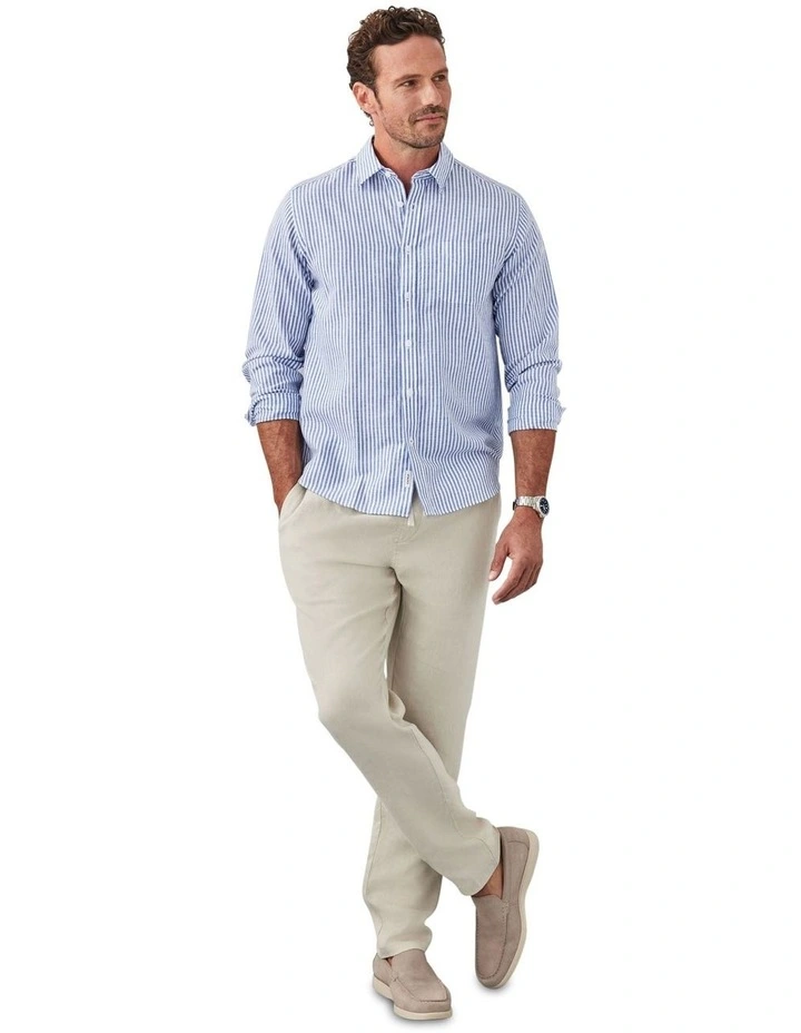 Linen Blend Bengal Stripe Long Sleeve Shirt in Blue image 5