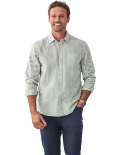 Linen Blend Bengal Stripe Long Sleeve Shirt in Khaki