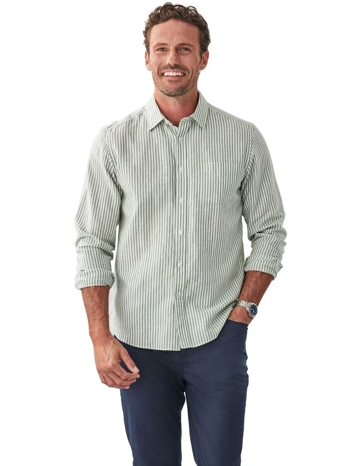 Linen Blend Bengal Stripe Long Sleeve Shirt in Khaki image 1