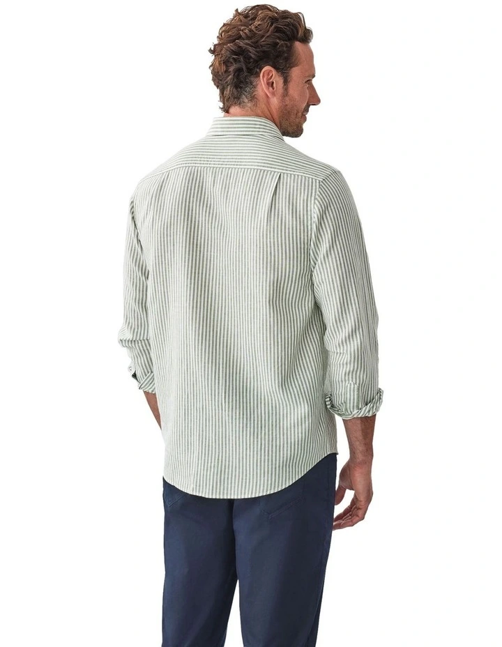 Linen Blend Bengal Stripe Long Sleeve Shirt in Khaki image 2