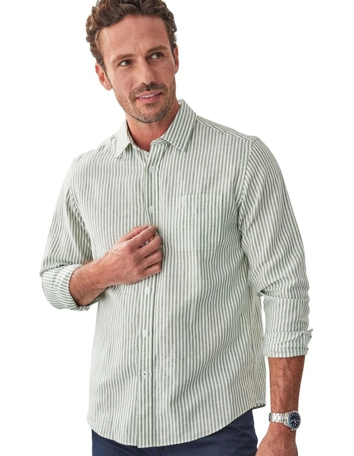 Linen Blend Bengal Stripe Long Sleeve Shirt in Khaki image 3