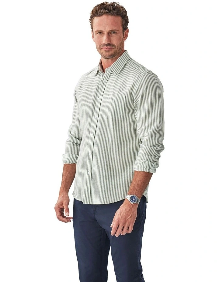 Linen Blend Bengal Stripe Long Sleeve Shirt in Khaki image 4