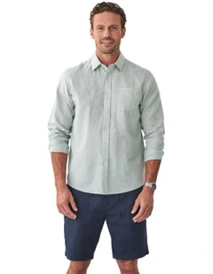 Linen Blend Houndstooth Long Sleeve Shirt in Sage