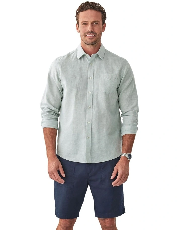 Linen Blend Houndstooth Long Sleeve Shirt in Sage image 1