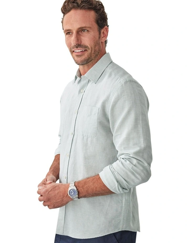 Linen Blend Houndstooth Long Sleeve Shirt in Sage image 3