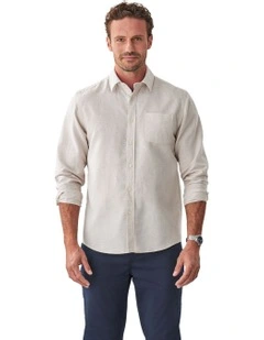 Linen Blend Houndstooth Long Sleeve Shirt in Natural