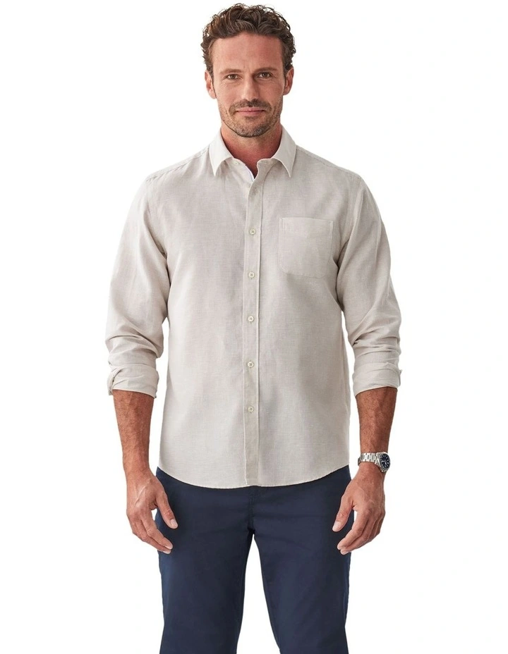 Linen Blend Houndstooth Long Sleeve Shirt in Natural image 1