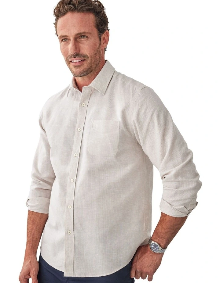 Linen Blend Houndstooth Long Sleeve Shirt in Natural image 3