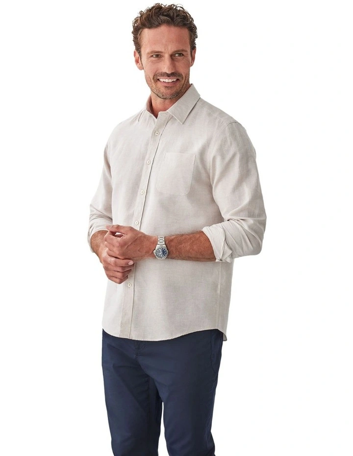 Linen Blend Houndstooth Long Sleeve Shirt in Natural image 4