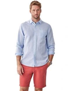 Linen Blend Houndstooth Long Sleeve Shirt in Sky Blue