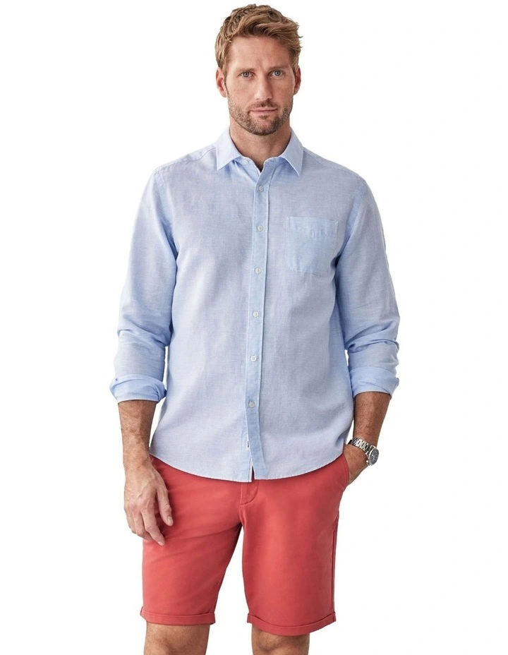 Linen Blend Houndstooth Long Sleeve Shirt in Sky Blue image 1