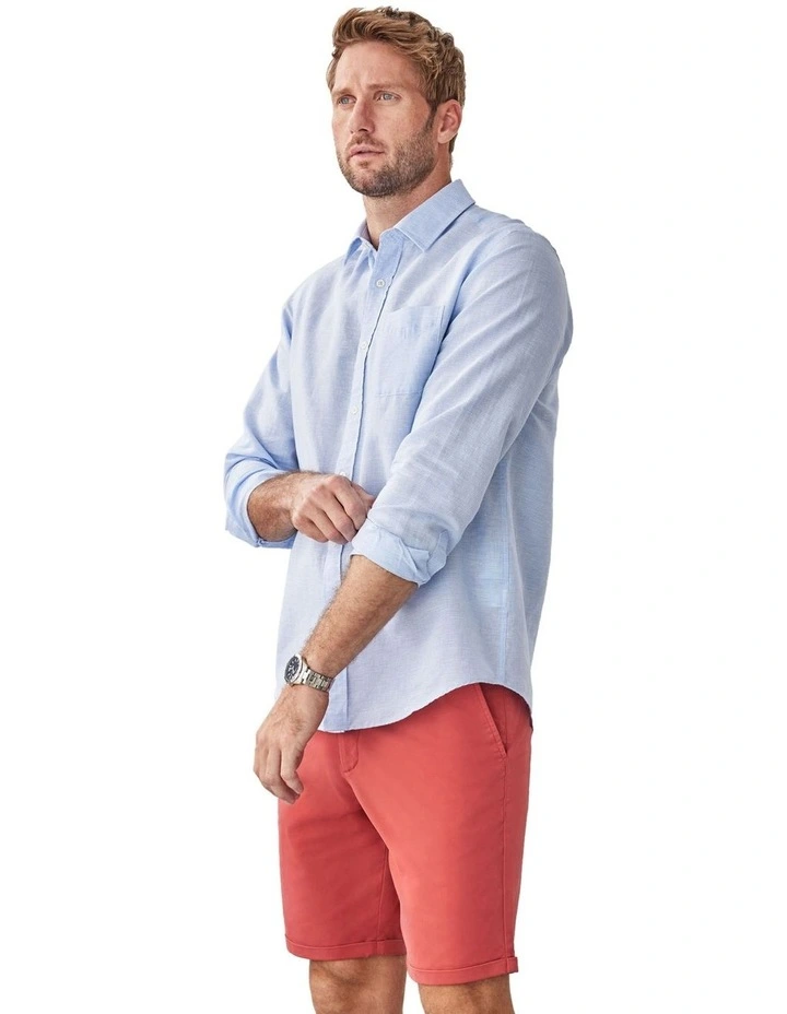 Linen Blend Houndstooth Long Sleeve Shirt in Sky Blue image 4