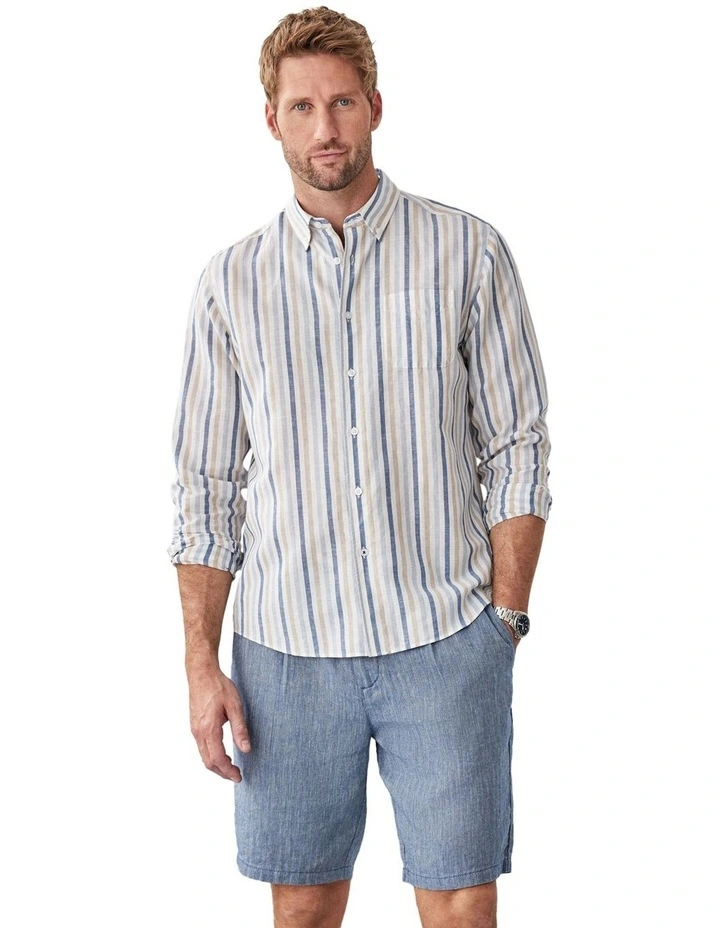 Linen Blend Bengal Stripe Long Sleeve Shirt in Multi image 1