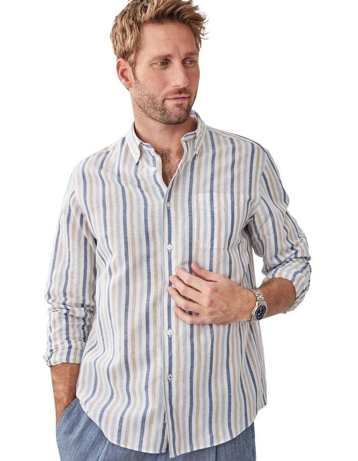 Linen Blend Bengal Stripe Long Sleeve Shirt in Multi image 3