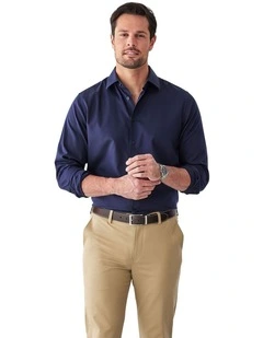 Non-Iron Dobby Plain Long Sleeve Shirt in Navy