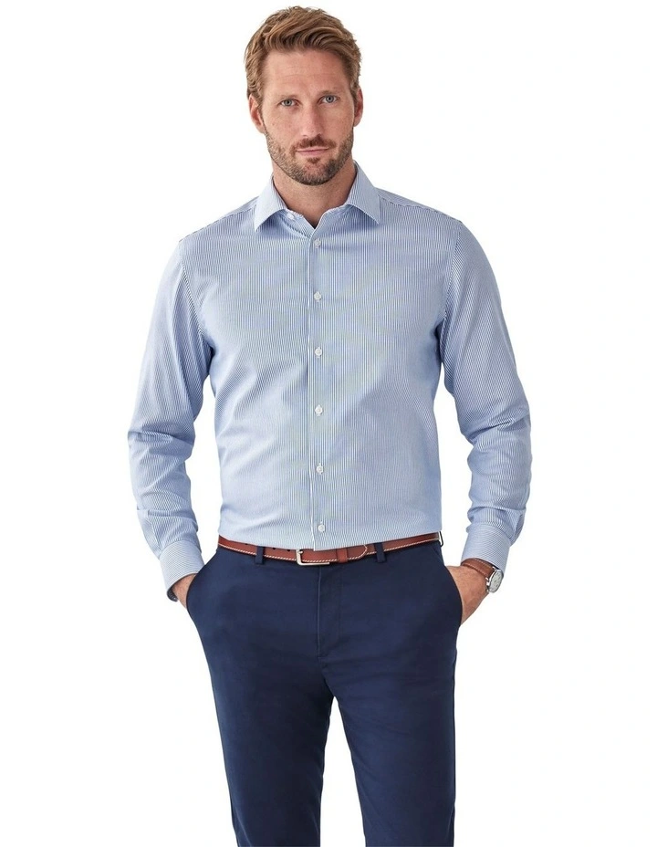 Non-Iron Twill Stripe Long Sleeve Shirt in Blue image 1