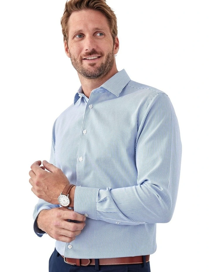 Non-Iron Twill Stripe Long Sleeve Shirt in Blue image 3