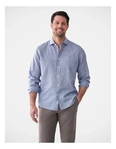 Cotton Linen Houndstooth Long Sleeve Shirt in Navy