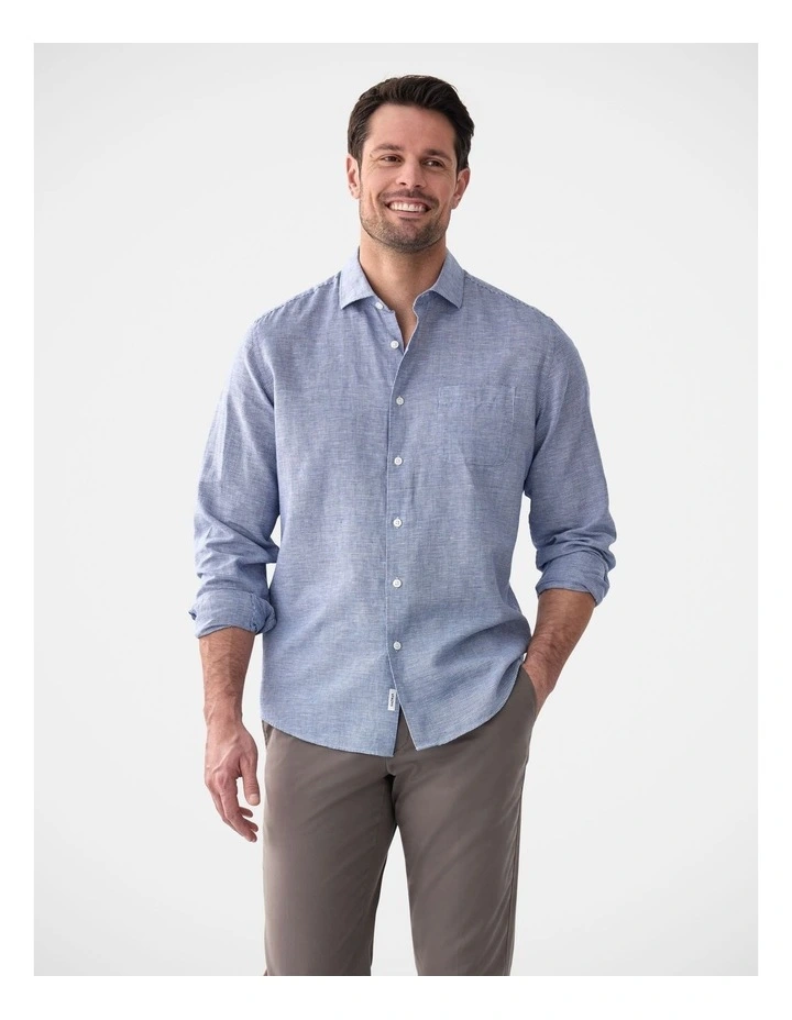 Cotton Linen Houndstooth Long Sleeve Shirt in Navy image 1