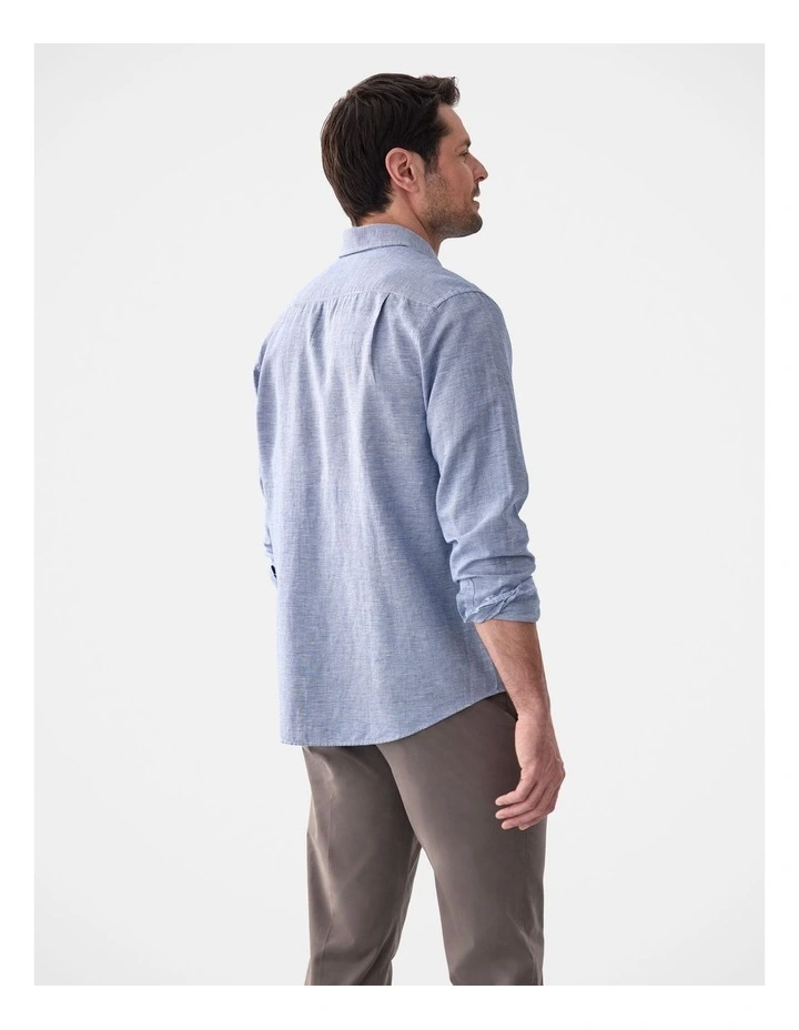 Cotton Linen Houndstooth Long Sleeve Shirt in Navy image 2