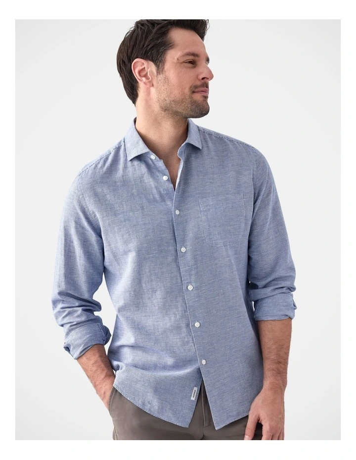 Cotton Linen Houndstooth Long Sleeve Shirt in Navy image 3