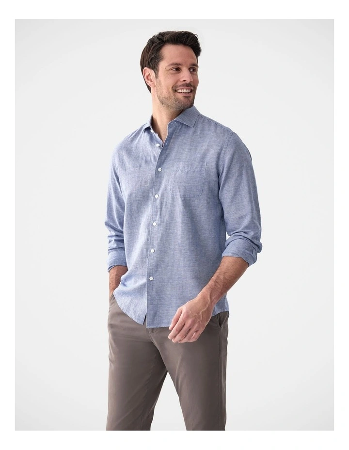 Cotton Linen Houndstooth Long Sleeve Shirt in Navy image 4