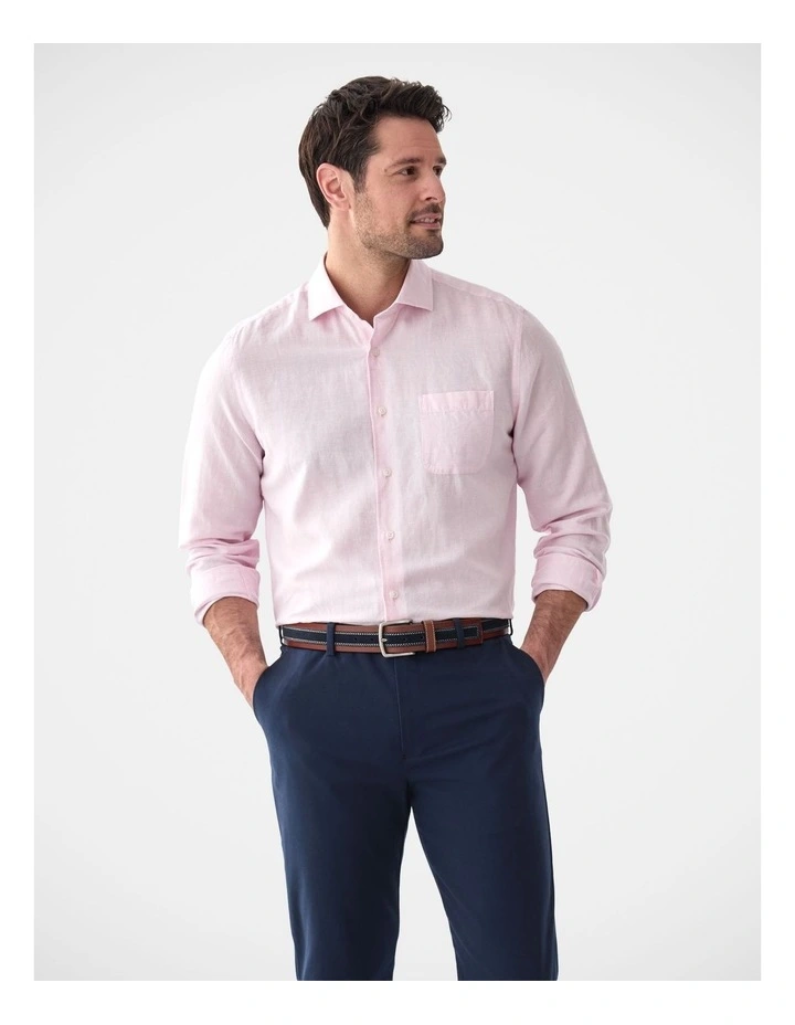 Cotton Linen Houndstooth Long Sleeve Shirt Pale in Pink image 1