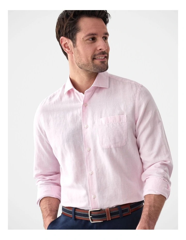 Cotton Linen Houndstooth Long Sleeve Shirt Pale in Pink image 3