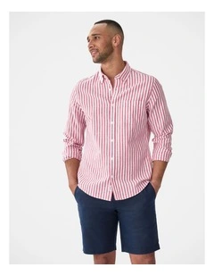 Linen Blend Bengal Stripe Long Sleeve Shirt Magenta