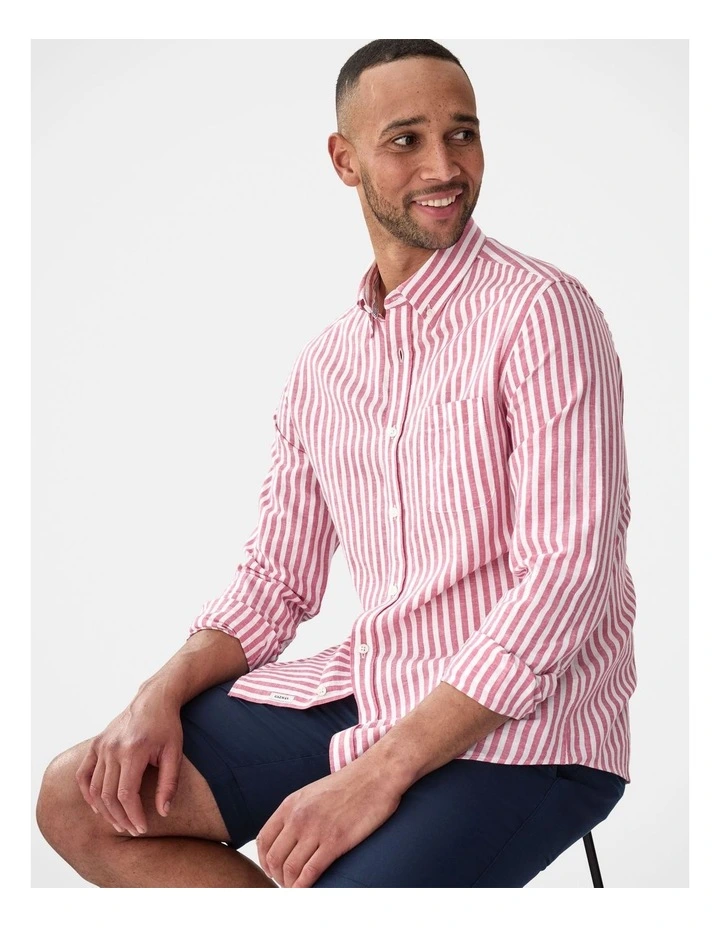 Linen Blend Bengal Stripe Long Sleeve Shirt Magenta image 3