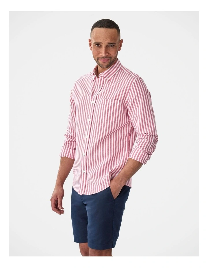 Linen Blend Bengal Stripe Long Sleeve Shirt Magenta image 4