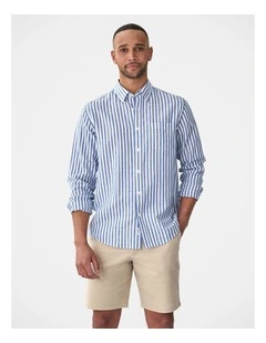 Linen Blend Bengal Stripe Long Sleeve Shirt Navy