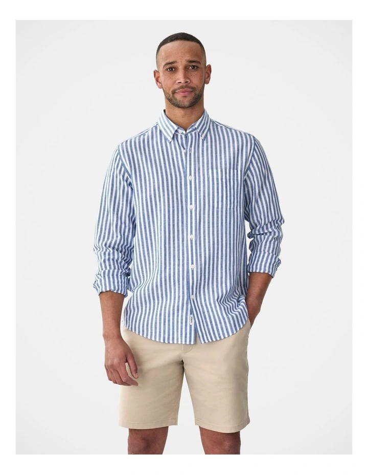 Linen Blend Bengal Stripe Long Sleeve Shirt Navy image 1