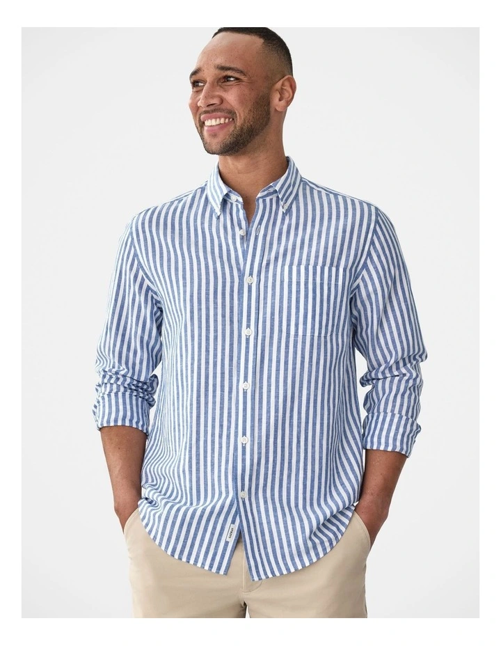 Linen Blend Bengal Stripe Long Sleeve Shirt Navy image 3
