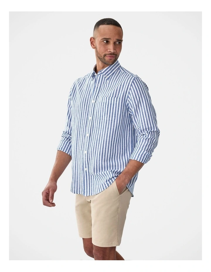 Linen Blend Bengal Stripe Long Sleeve Shirt Navy image 4