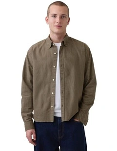 Long Sleeve Cropped Oxford Shirt in Green