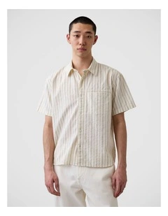 Seersucker Stripe Relaxed Curved-Hem Shirt