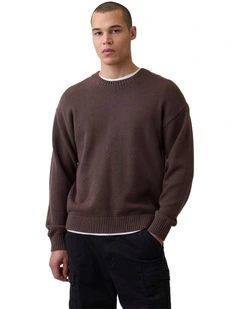 Boxy Abbreviated Crew Sweater in Brown