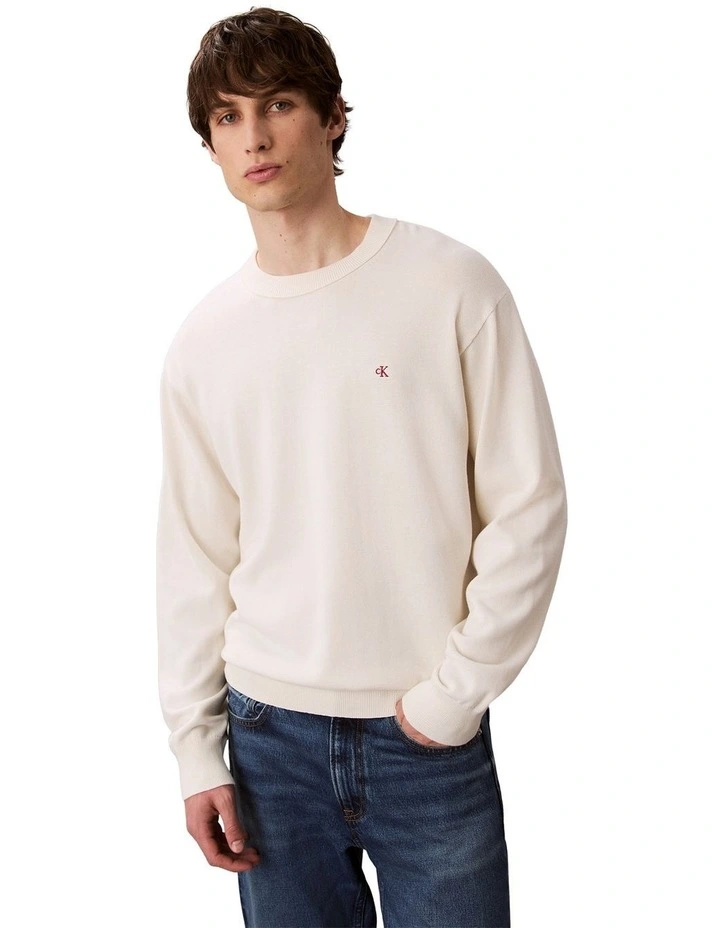 Long Sleeve Easy Cotton Crewneck Sweater in Cream image 1
