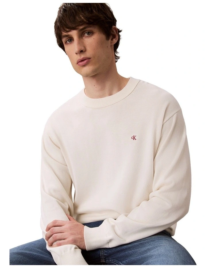 Long Sleeve Easy Cotton Crewneck Sweater in Cream image 3