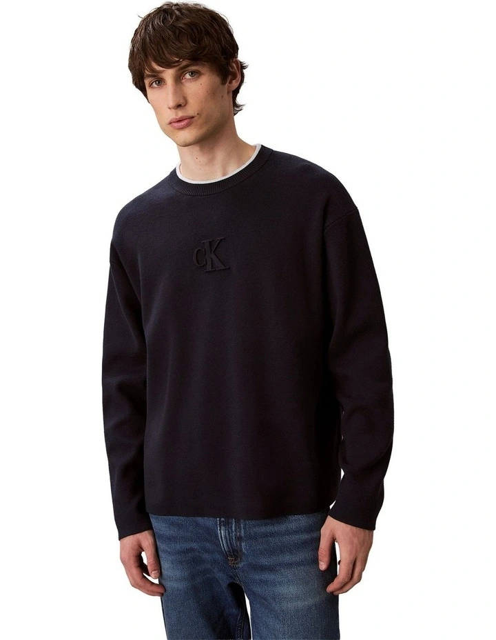 Long Sleeves Embossed Monogram Logo Relaxed Sweater in Blue image 1