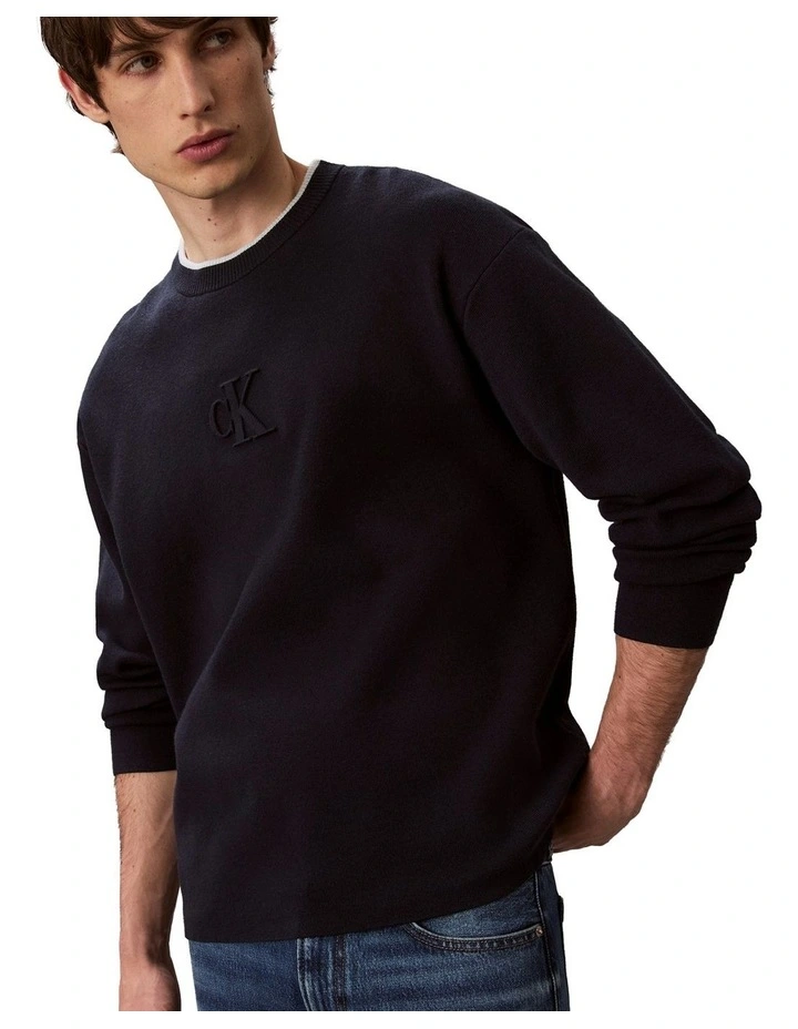 Long Sleeves Embossed Monogram Logo Relaxed Sweater in Blue image 3