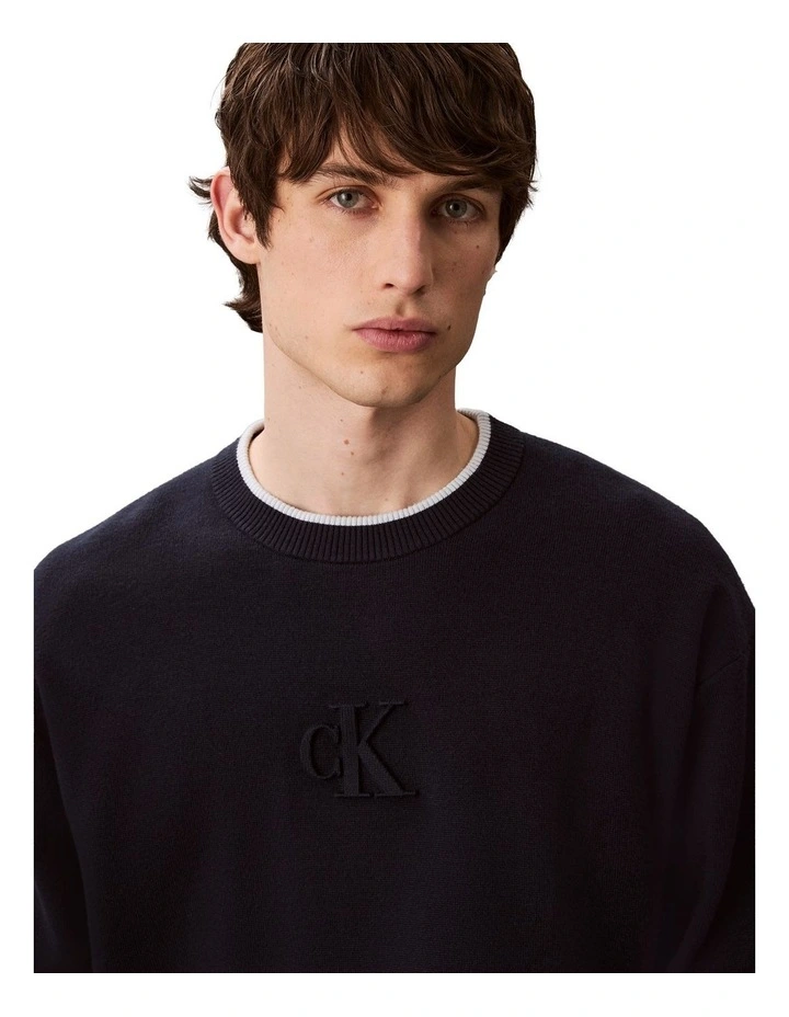 Long Sleeves Embossed Monogram Logo Relaxed Sweater in Blue image 4