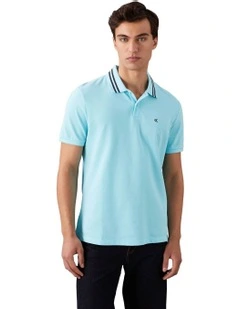 Short Sleeve Casual Pique Classic Tipped Polo in Blue